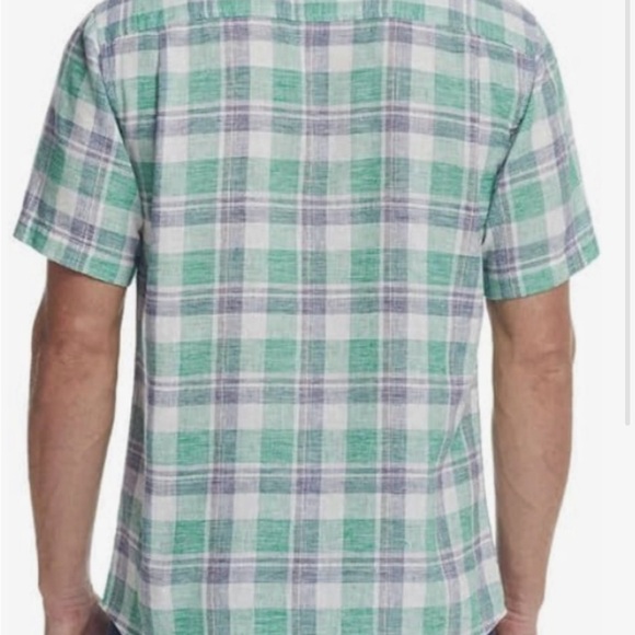 Weatherproof Vintage Mens Short Sleeve Linen Shirt Large Green/Navy Plaid - Picture 3 of 8